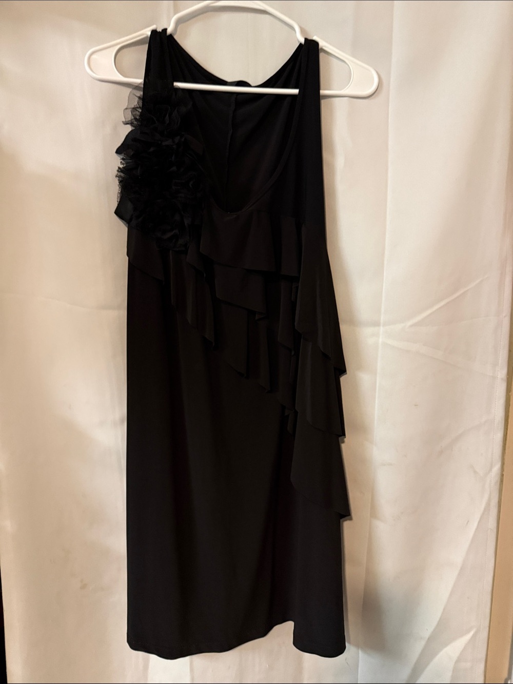 Black Ruffle-Detail Maxi Dress with Shoulder Floral Accent